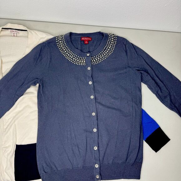 Merona Sweater Cardigans Blue & White Button Down Pearl Long Sleeve Womens Small - Picture 2 of 16